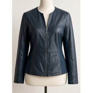 Hal Rubenstein Women’s 2X Blue Genuine Leather Jacket Zip Front Stretch Panels